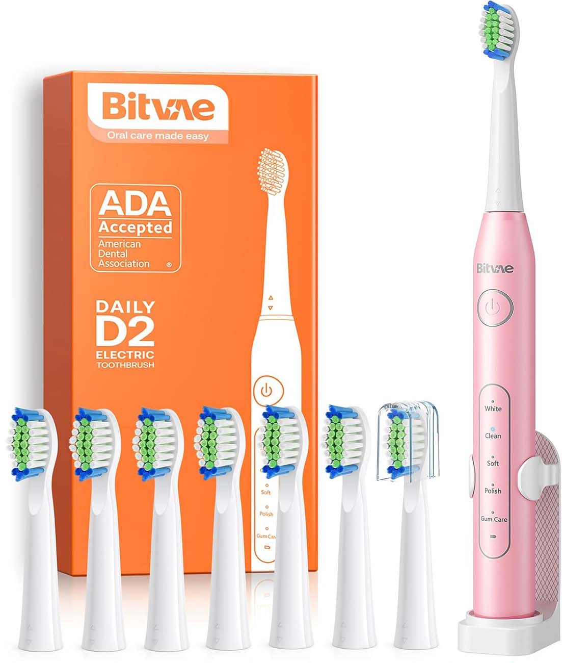 Bitvae BV D2 Electric Toothbrush / With 8 Brush Heads & Travel Case / Pink