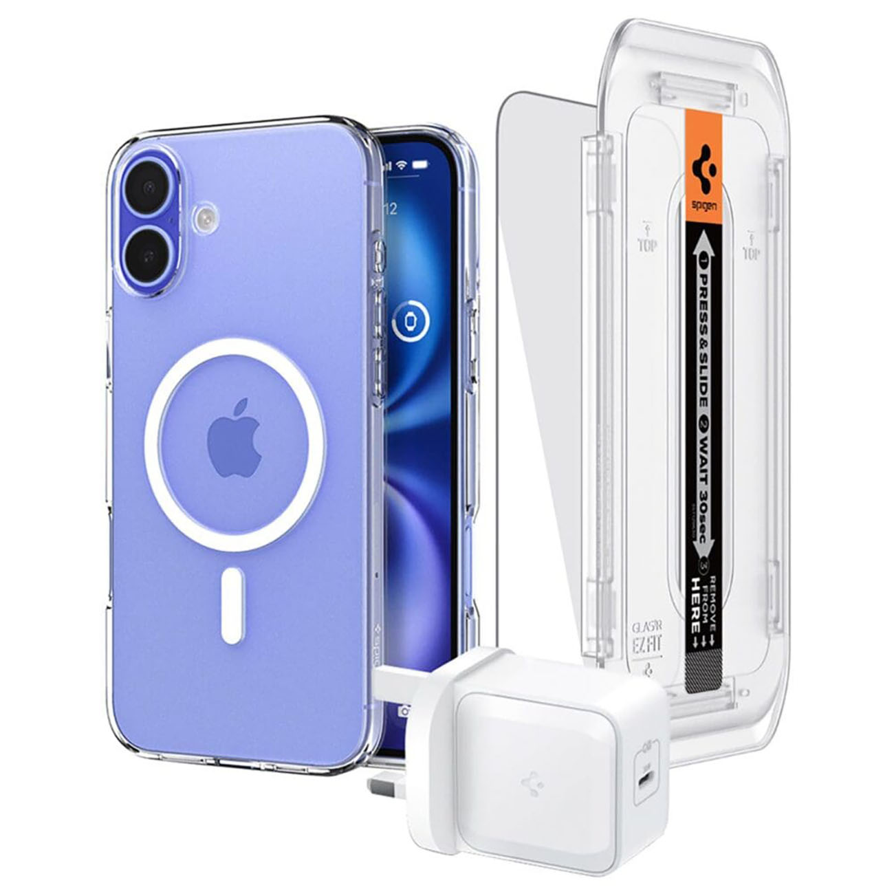 Spigen Bundle for iPhone 16 Plus / Clear Case + Screen Protector + Charger with Type-C Port
