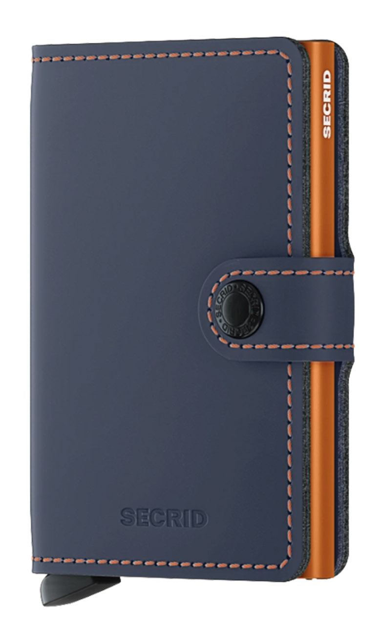 Secrid Miniwallet Card Holder / RFID Protection / Matte Leather / Elegant Design / Navy & Orange