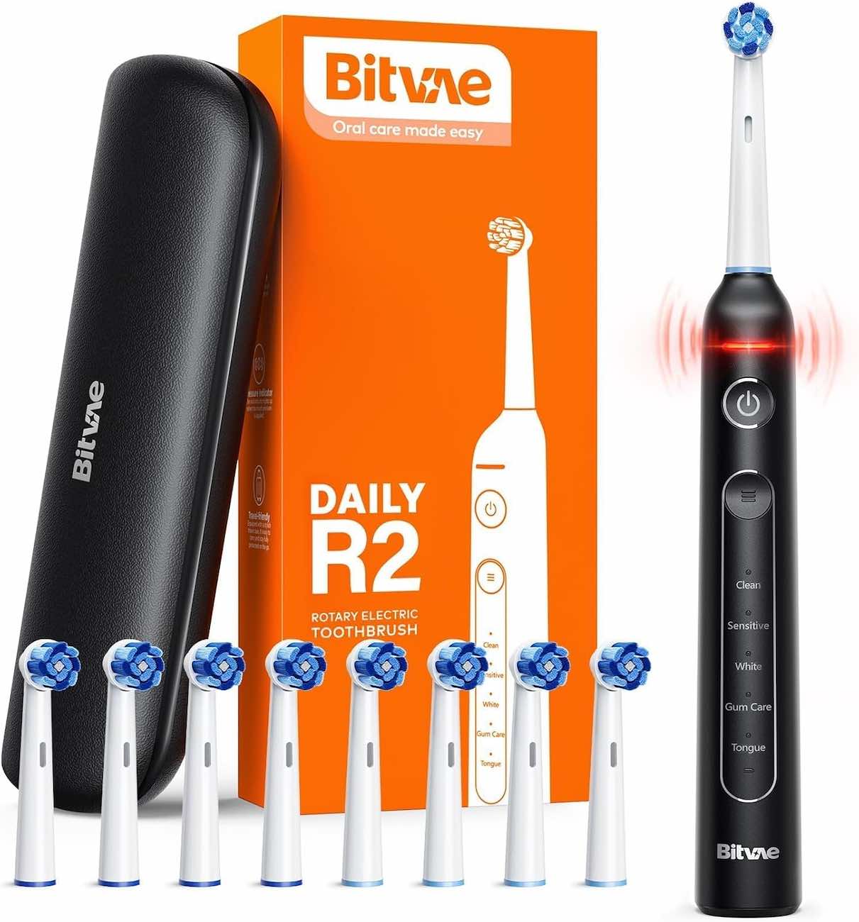 Bitvae R2 Electric Toothbrush / Includes 8 Brush Heads & Travel Case / Black