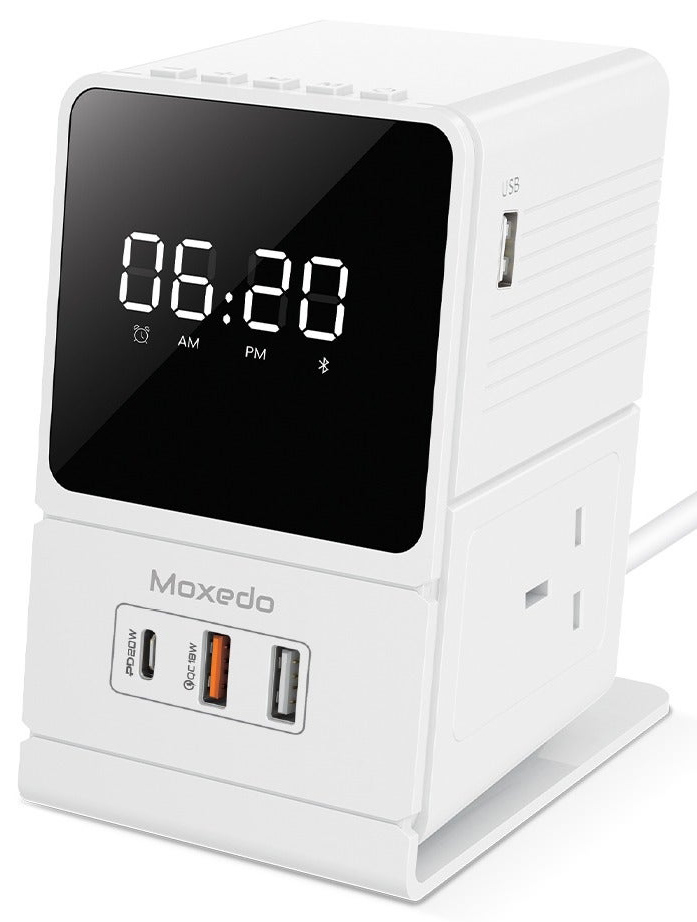 Moxedo Adapter / 2 Universal Outlets + USB Type-C + 2 USB-A Ports / Functions as an Alarm Clock