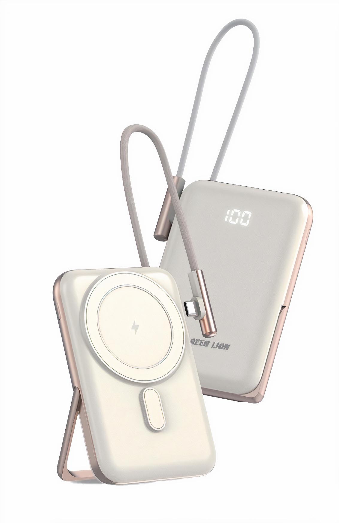 Green Monte Carlo Power Bank 10000 mAh / Supports MagSafe / Built-in Type-C Cable / Beige