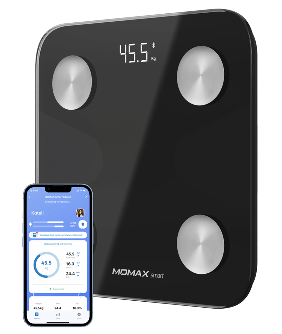 Momax Lite Tracker Smart Scale / Measures Weight & Body Composition With 13 Metrics