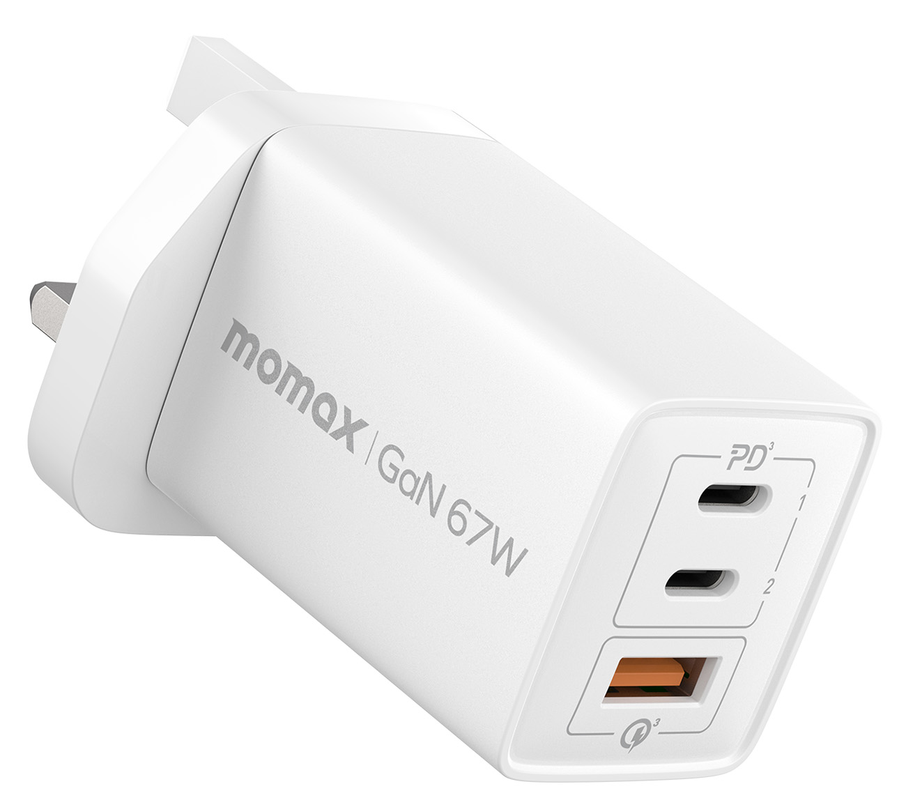 Momax OnePlug GaN Charger / 67W Power / 2 Type-C Ports & 1 USB Port / White