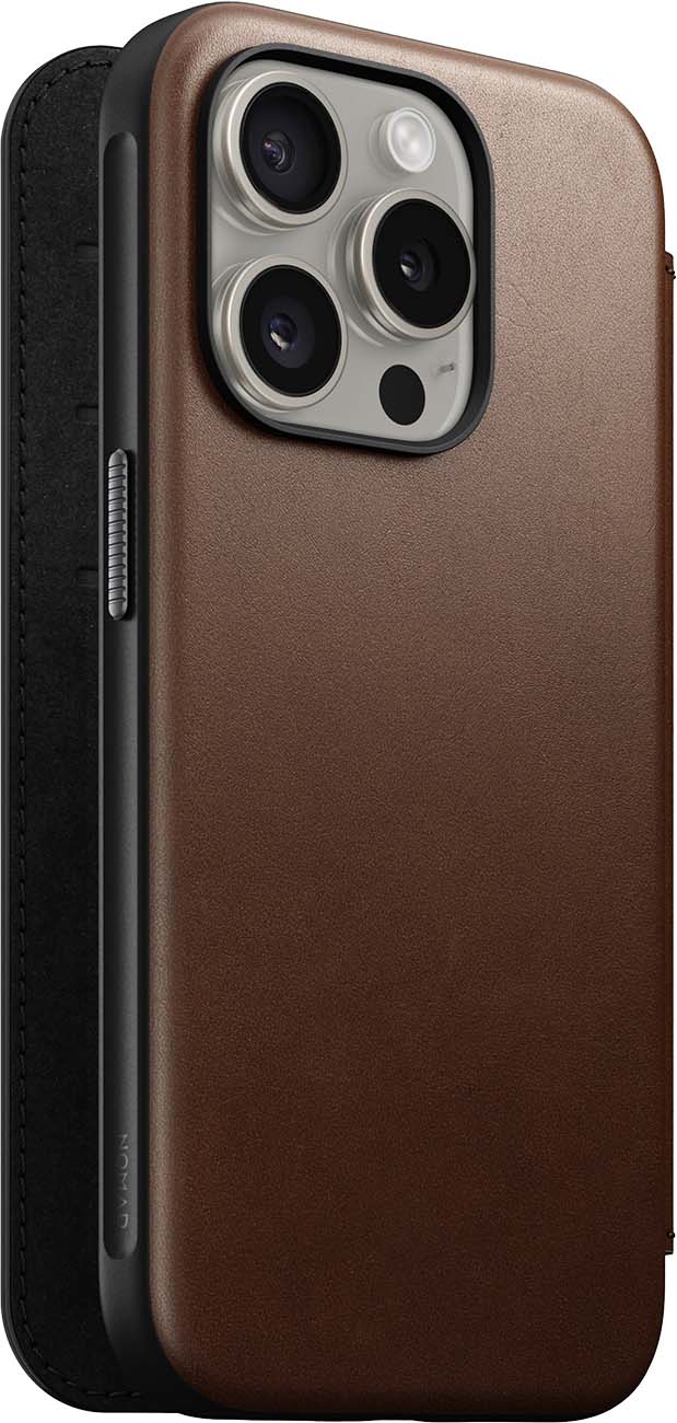 Nomad Leather Folio Case for iPhone 15 Pro Max / Built-in Wallet / Screen Cover / MagSafe / Brown
