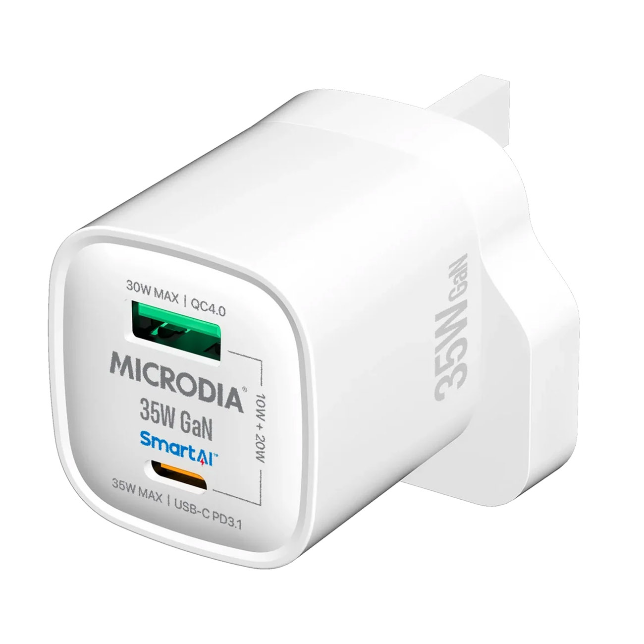 Microdia SmartCube Charger / 35W Power / With Type-C + USB Ports / Compact Size / White