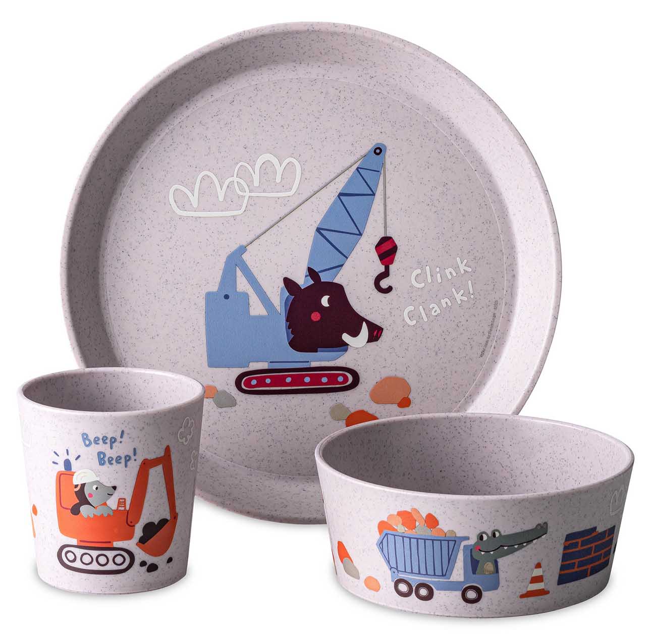 Koziol Trucks Kids Tableware Set / Includes Plate + Bowl + Cup / Grey
