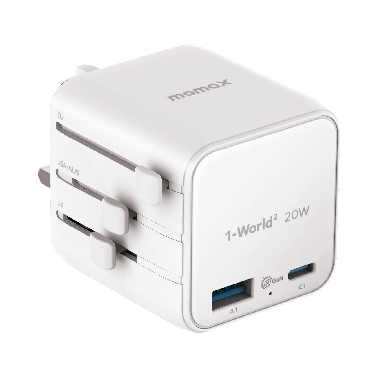 Momax Travel Adapter / Type-C & USB Ports / Supports Over 180 Countries / 20W Power / White