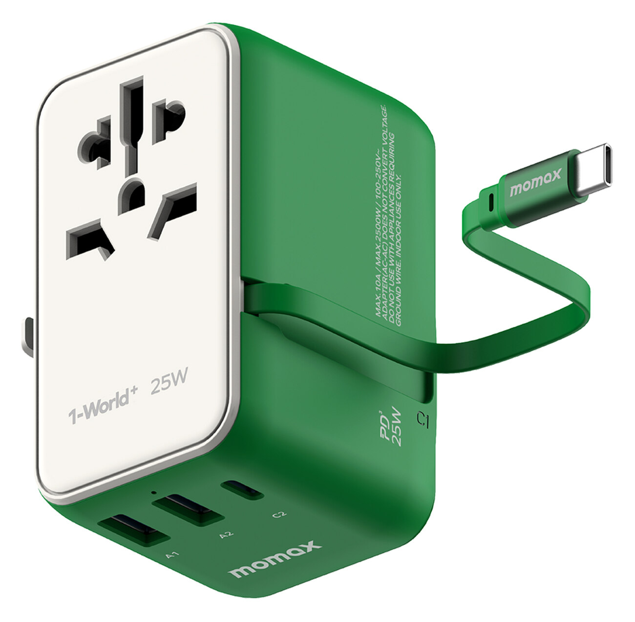 Momax World Charger / 1 Type-C + 2 USB Ports / 25 Watts / Built-in Type-C Cable / Green