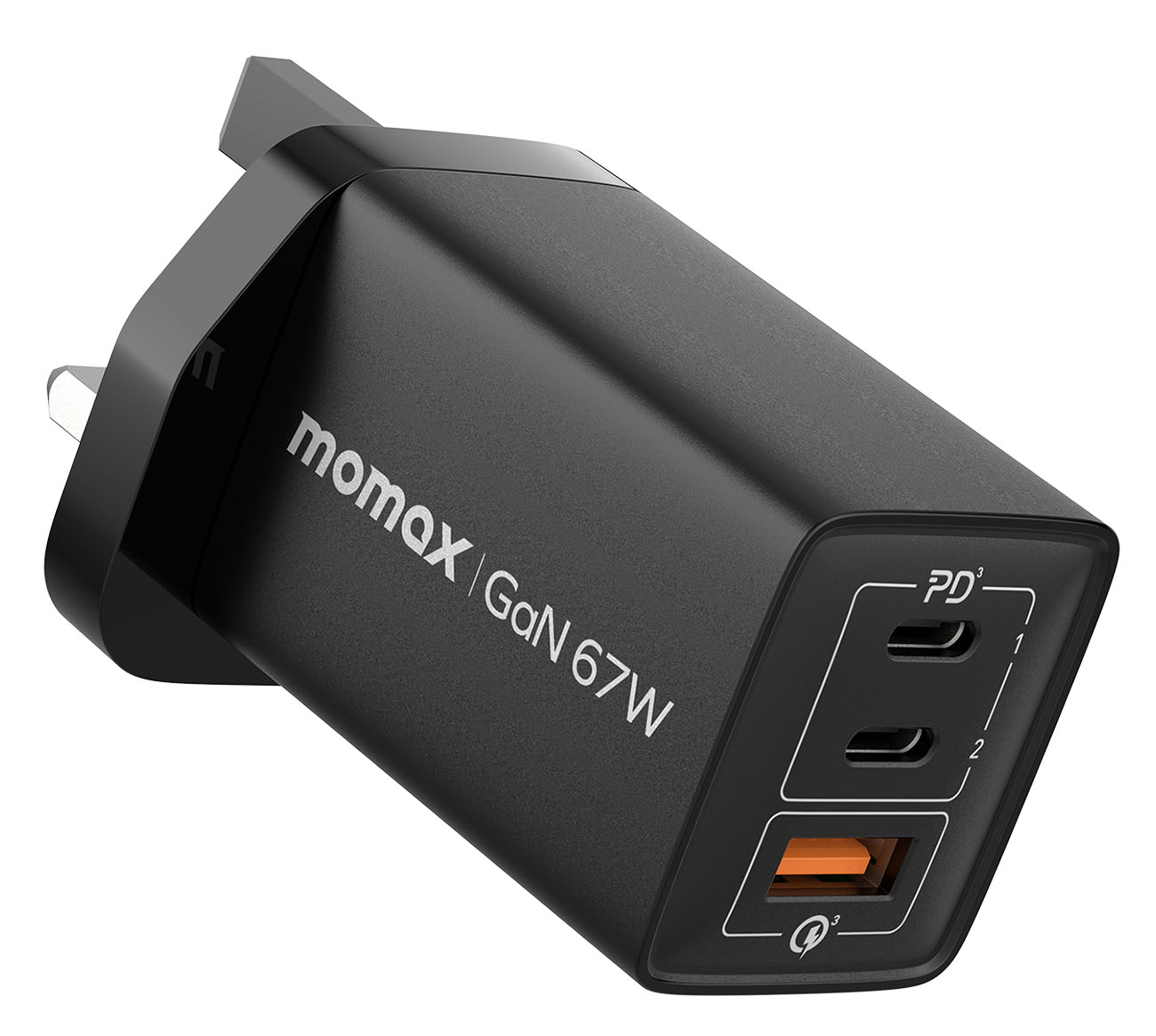 Momax OnePlug GaN Charger / 67W Power / 2 Type-C Ports & 1 USB Port / Black