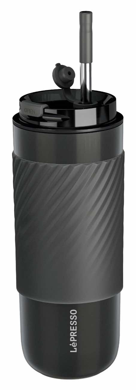 Lepresso Coffee Mug With Straw / 520ml / Keeps Drinks Cold & Hot / Black