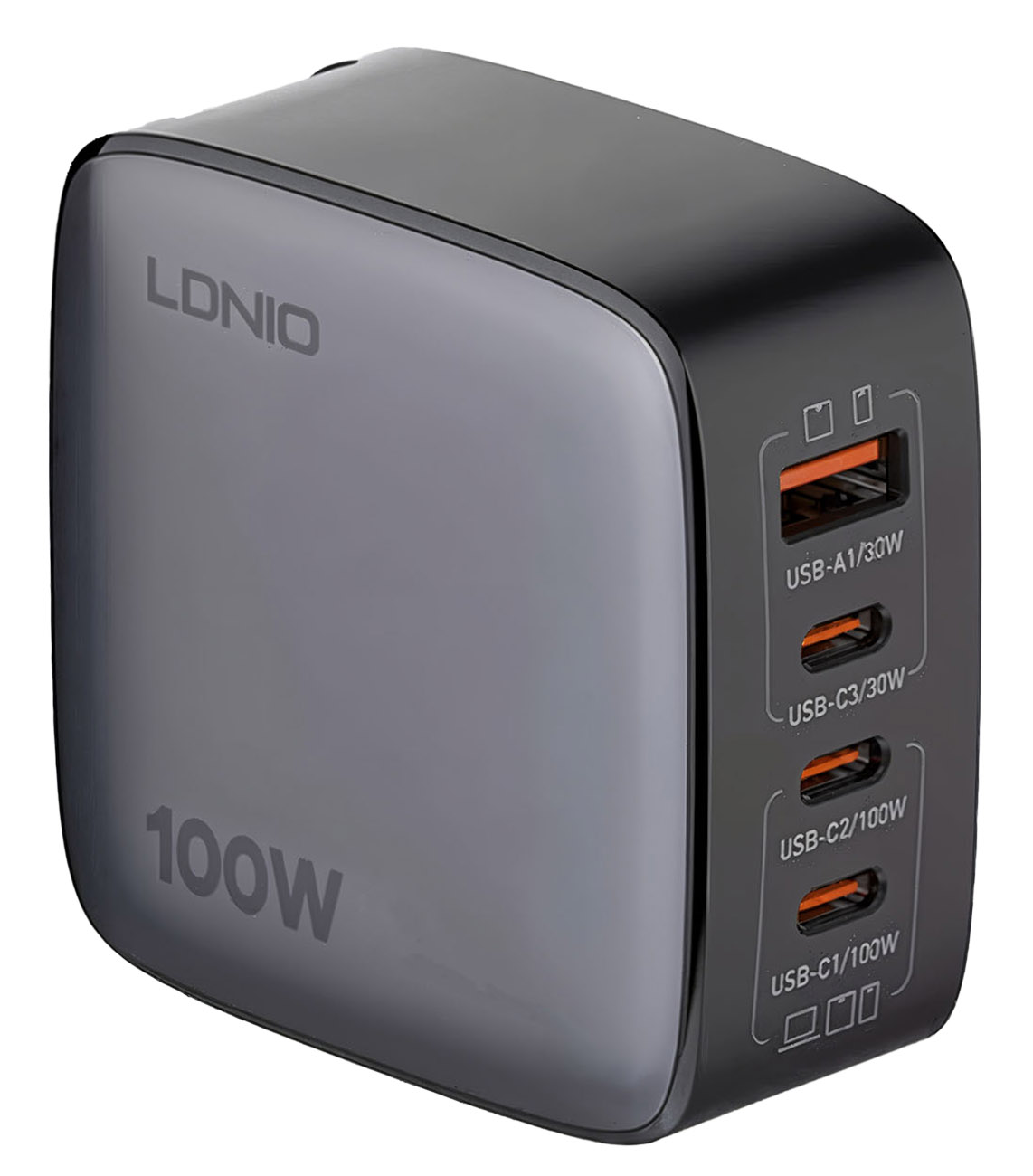 LDNIO GaN Charger / With 3 Type-C + 1 USB Ports / 100 Watts Power / Black