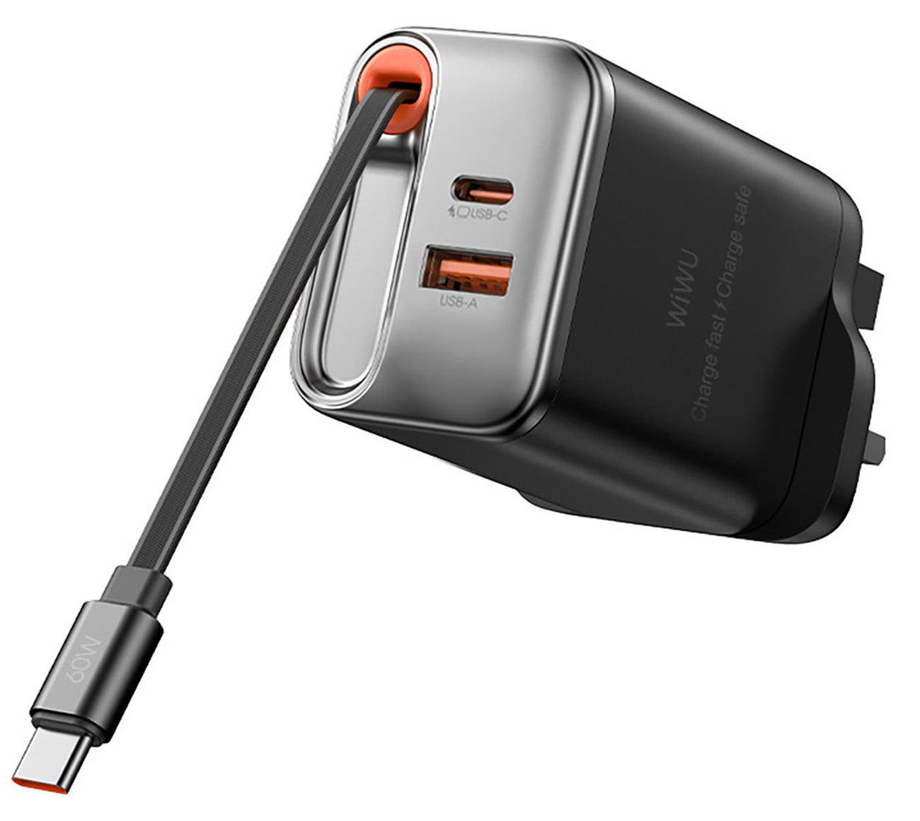 Wiwu GaN Charger / With Type-C Port + USB Port / 67W Power / Built-in Type-C Cable