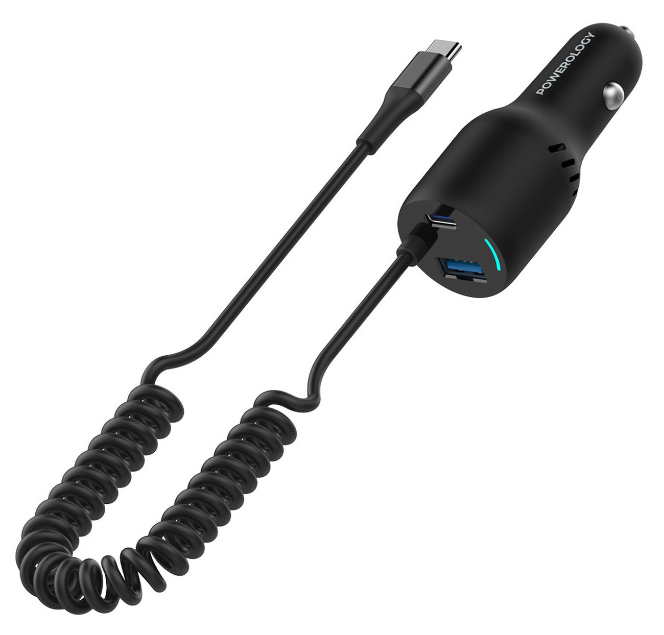 Powerology Car Charger / With Type-C port + USB port / Built-in Type-C Cable