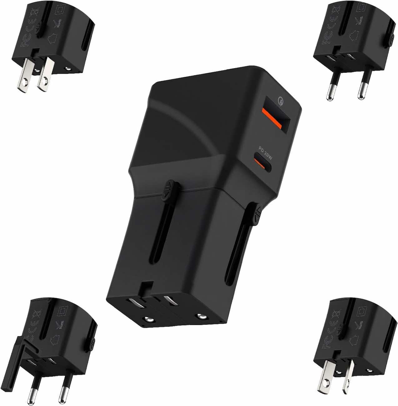 Rolling Square Travel Charger / Provides 4 Global Ports + Type C & USB Input / 20 Watt Power