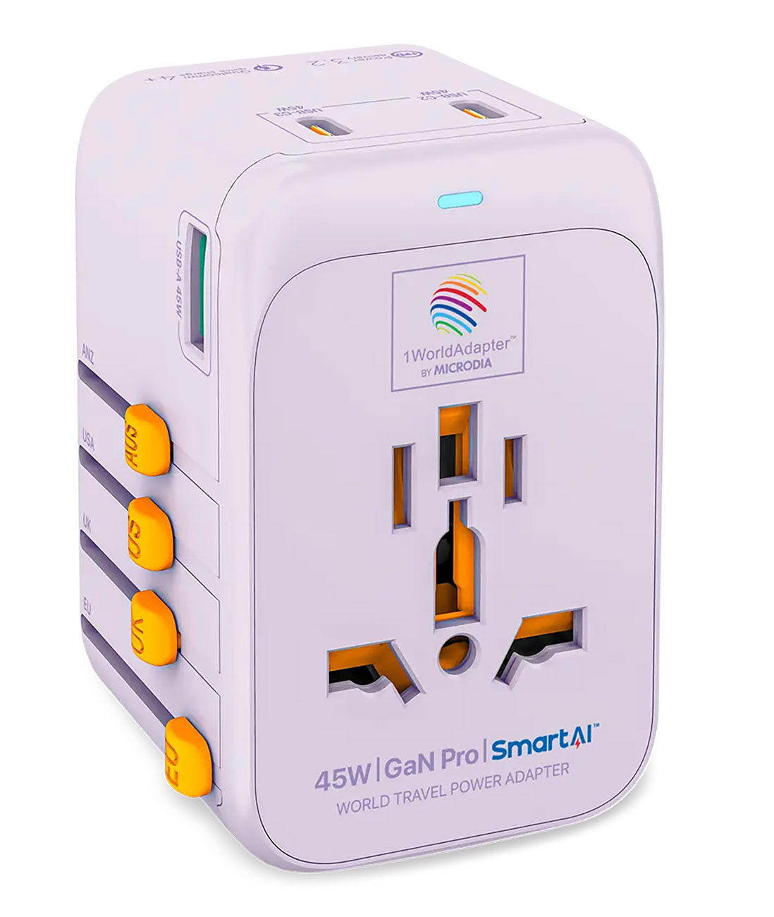 Microdia Travel Adapter / 3 Type-C Ports + 1 USB Port / Universal / 45W Power / Purple