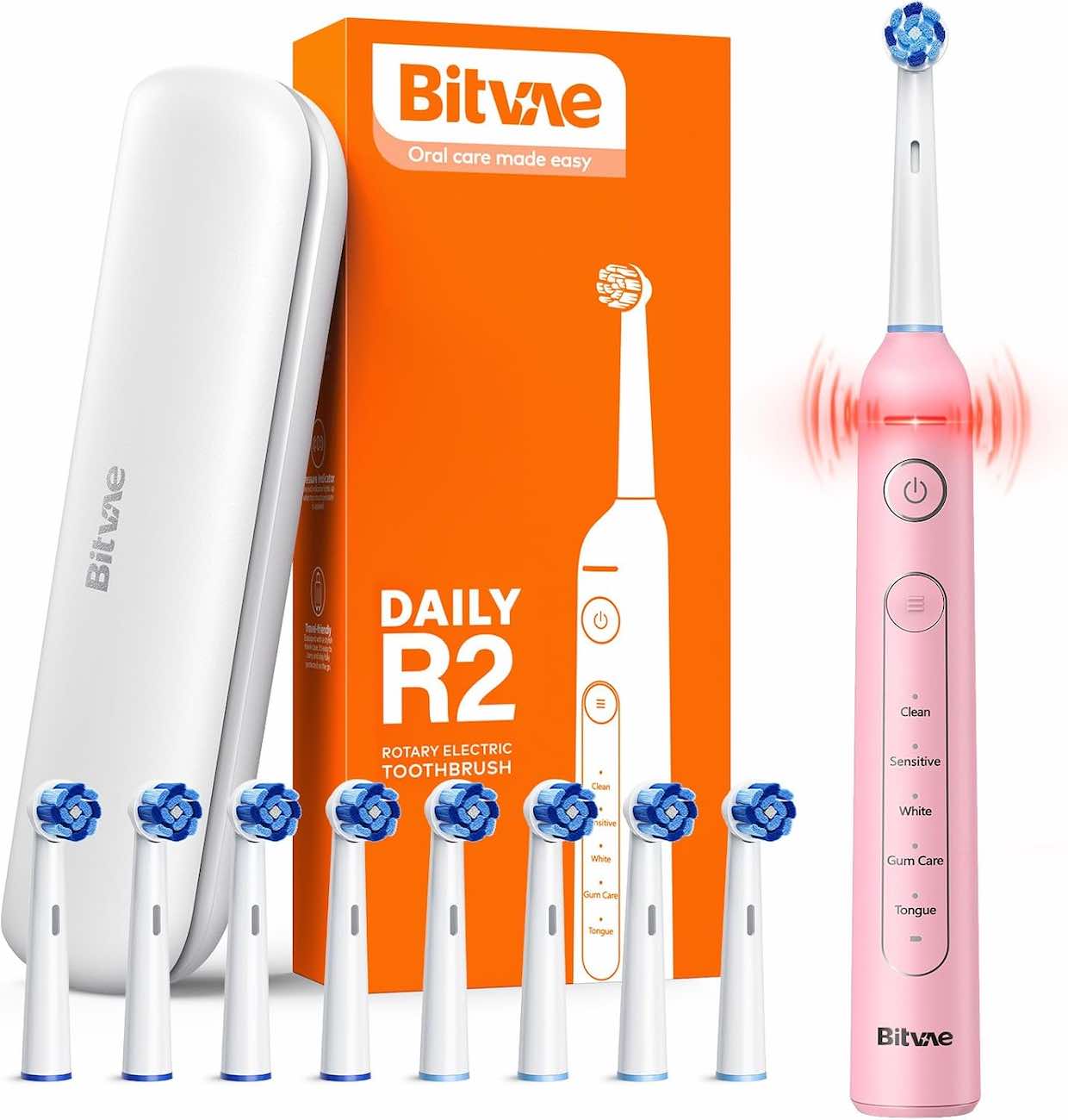 Bitvae R2 Electric Toothbrush / Includes 8 Brush Heads & Travel Case / Pink