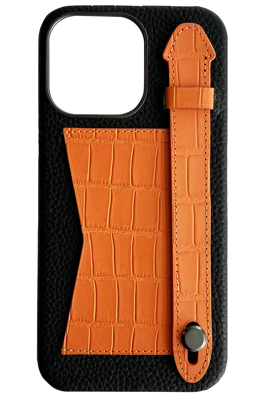 Double A iPhone 14 Pro Max Leather Case / Qatari Brand / Card Holder & Grip / Black & Orange