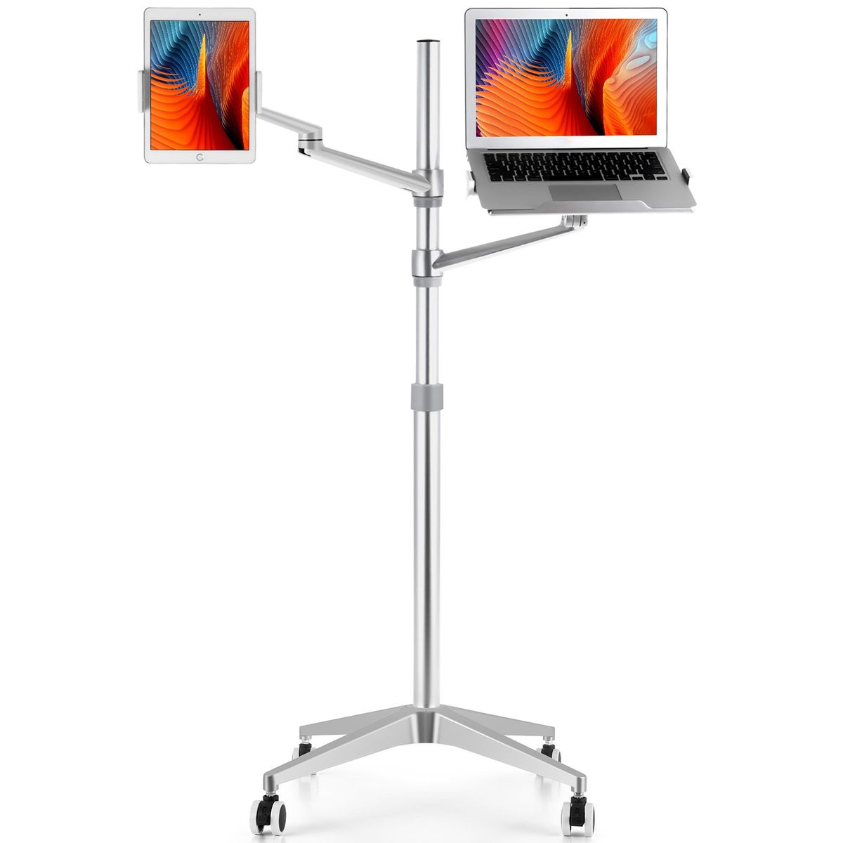 Dual Arm Floor Stand / Support Laptop with Tablet or Phone / All Sizes / Silver