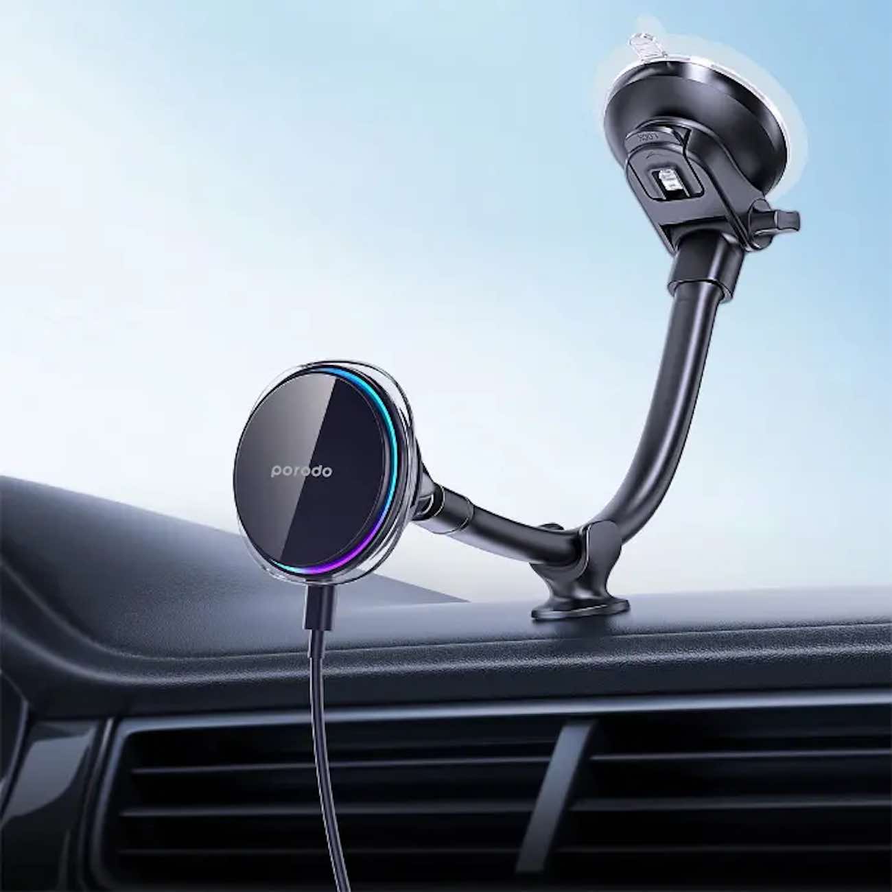 Porodo Magnetic Phone Stand / Mounts On Dashboard / Charger With Cooling Fan / 15W Power
