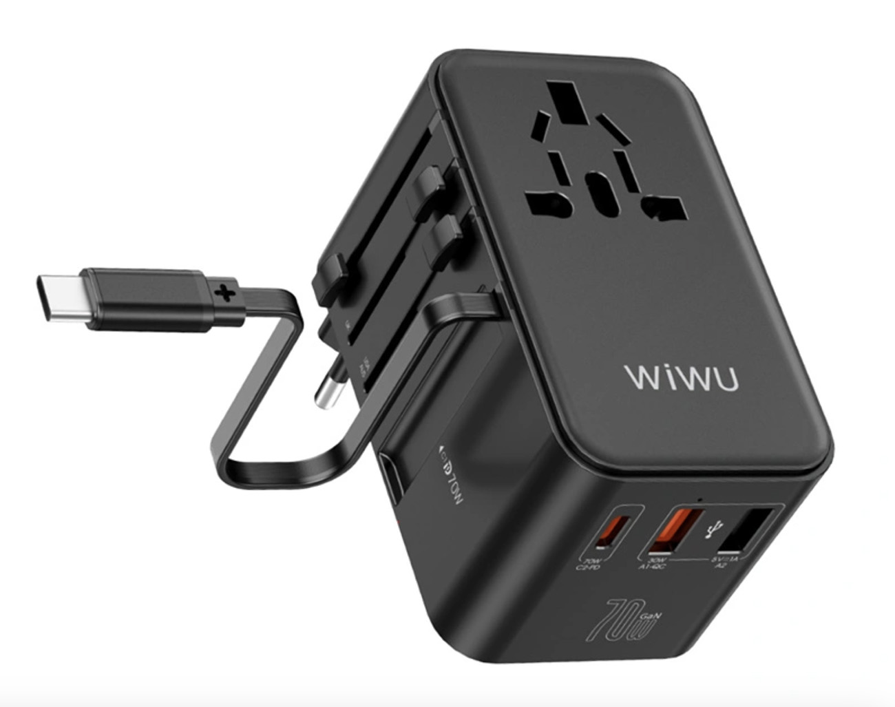 WiWU Travel Adapter / 70W Power / 1 Type-C Port & 2 USB Ports / Built-in Type-C Cable