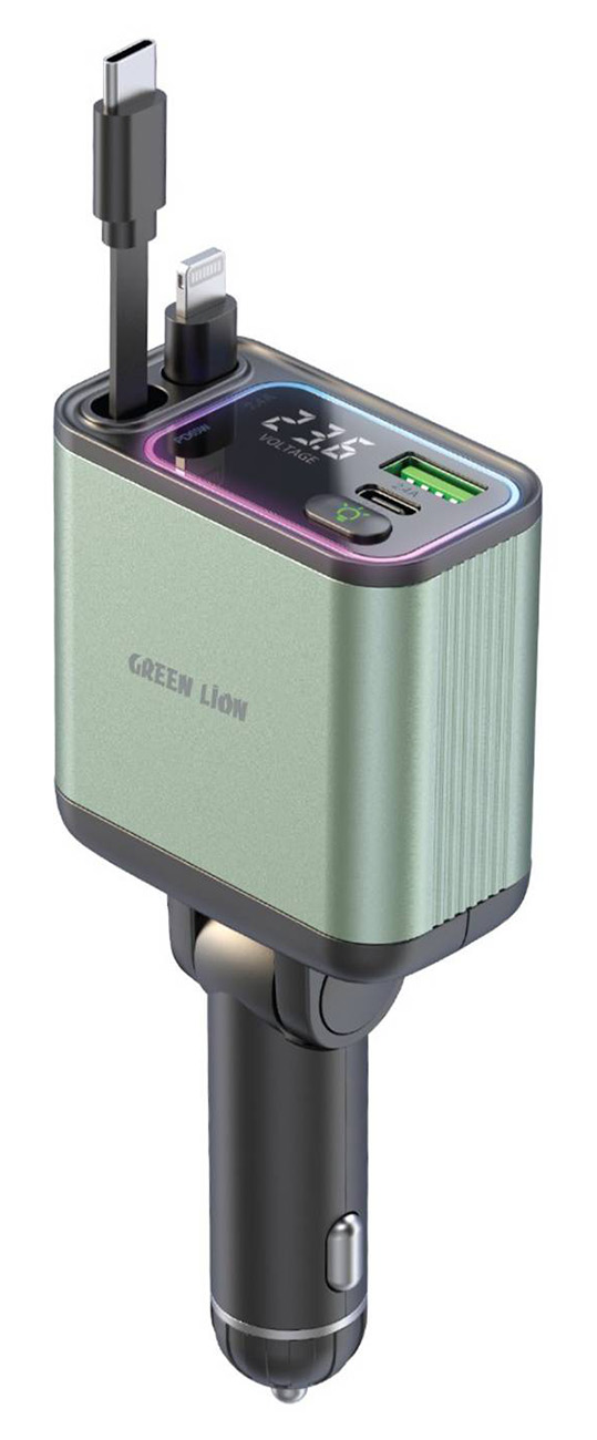 Green Car Charger / With Type-C + USB Ports / Built-in Type-C & Lightning Cable / 90W Power