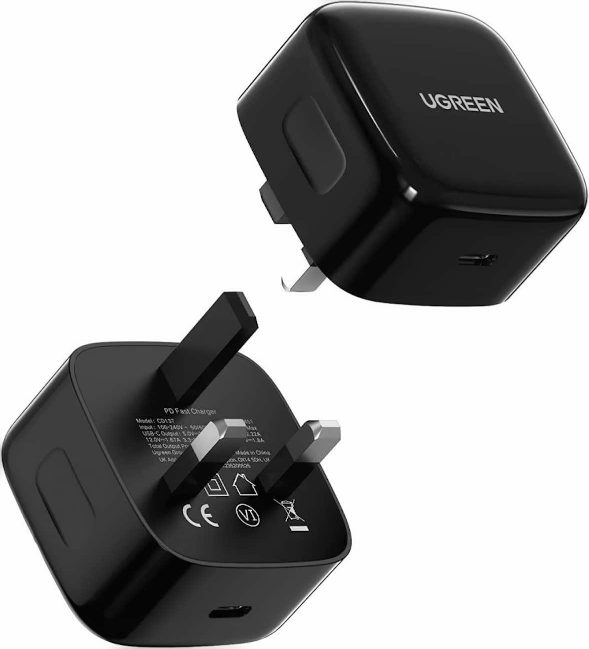 UGreen Type-C Charger / 20W Power / Supports PD Fast Charging / Black