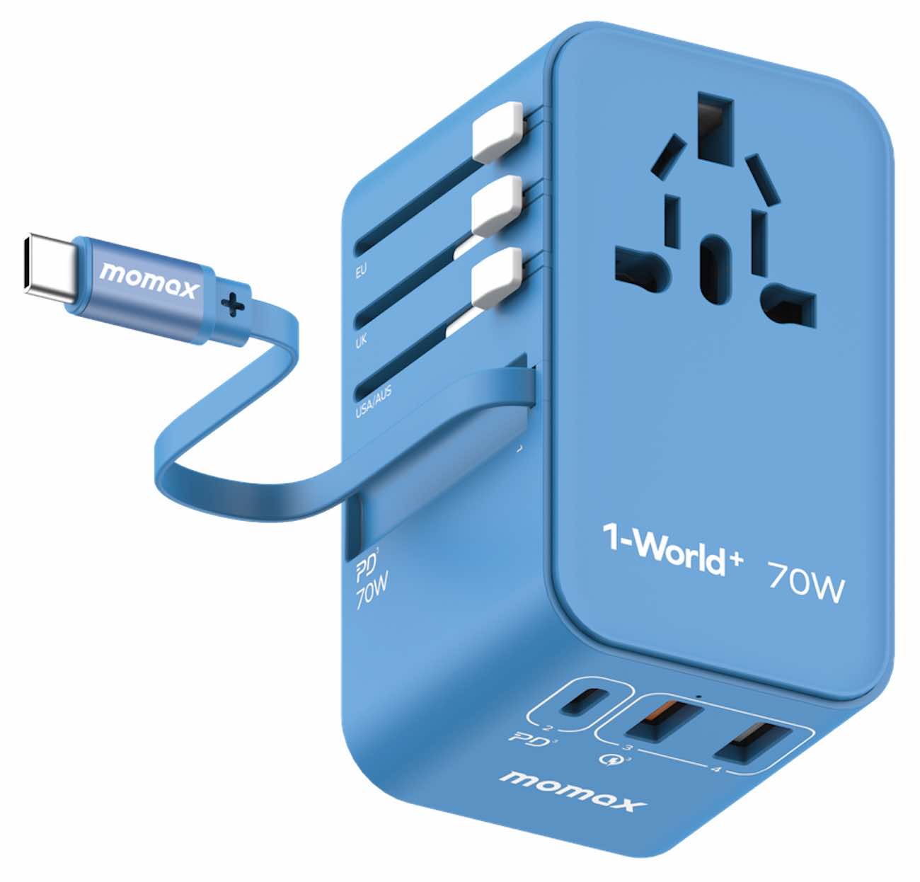 Momax GaN Travel Charger / 70W Power / 2 Type-C & 2 USB Ports / Built-in Type-C Cable / Blue