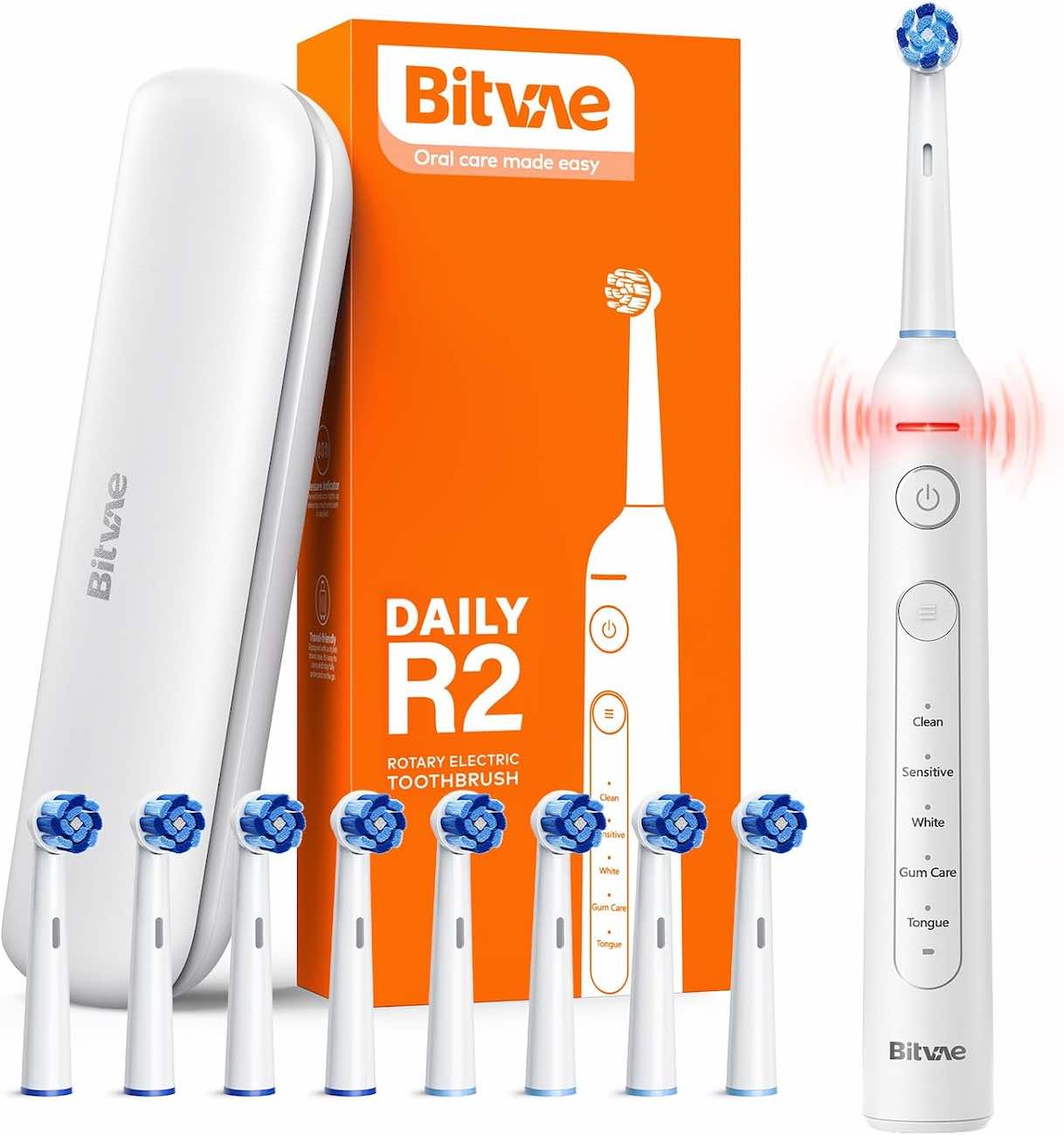 Bitvae R2 Electric Toothbrush / Includes 8 Brush Heads & Travel Case / White