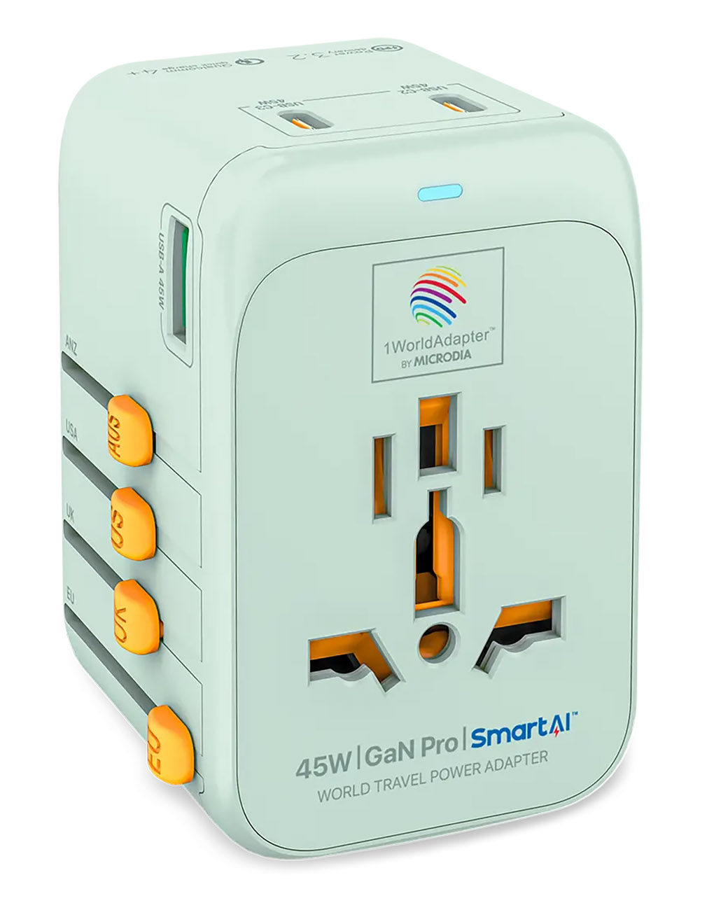 Microdia Travel Adapter / 3 Type-C Ports + 1 USB Port / Universal / 45W Power / Green