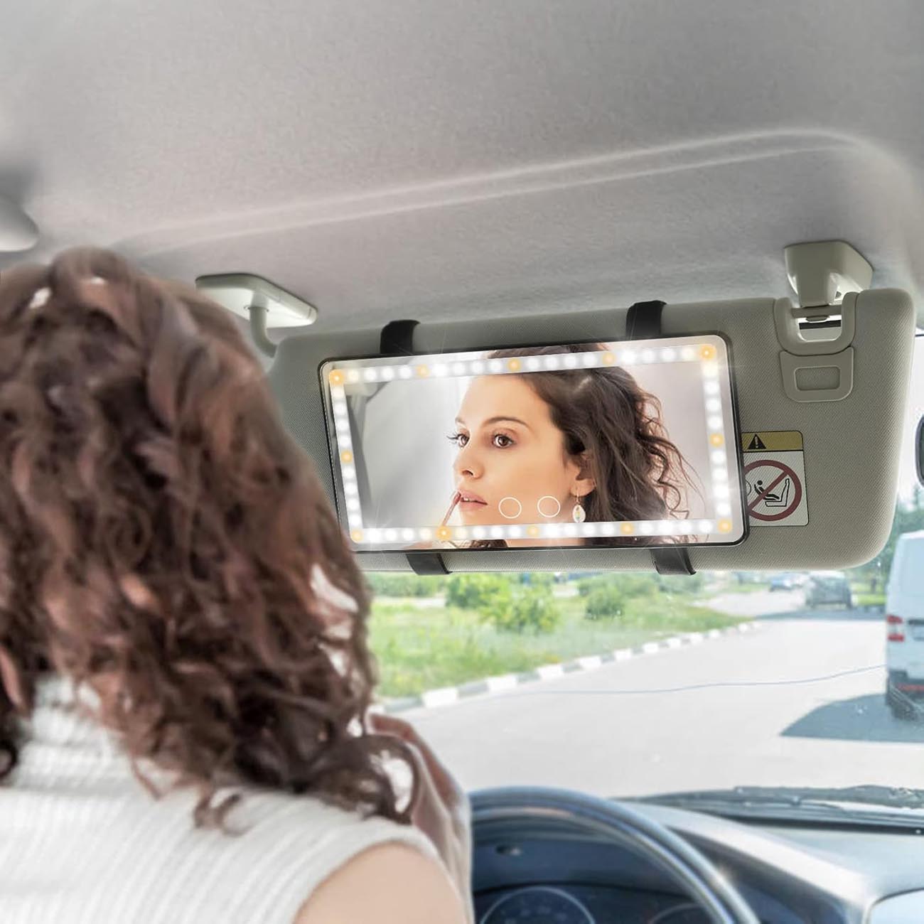 LED Car Makeup Mirror / With Strap Mount / 3 Brightness Levels / Battery Operated / Black