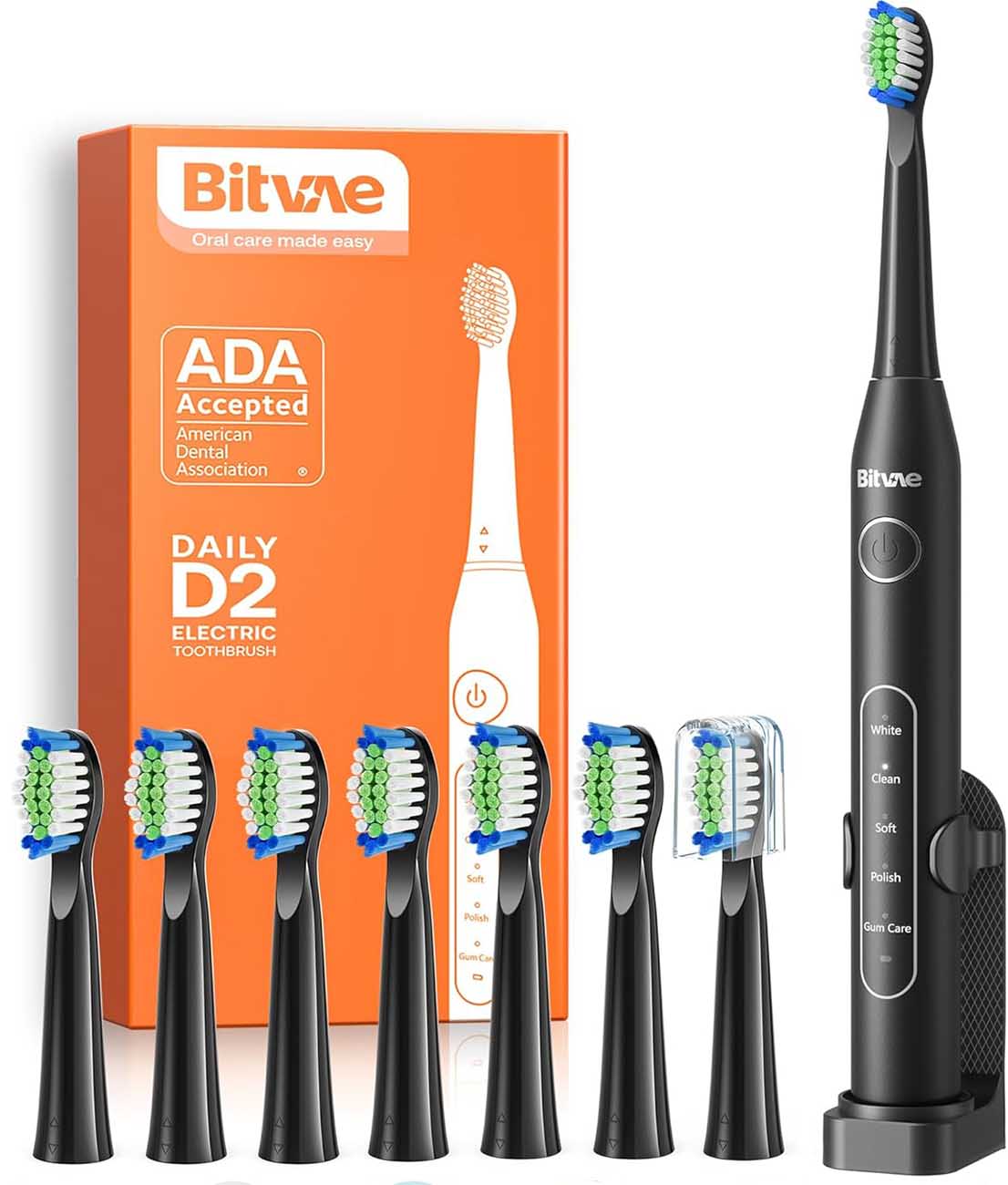 Bitvae BV D2 Electric Toothbrush / With 8 Brush Heads & Travel Case / Black
