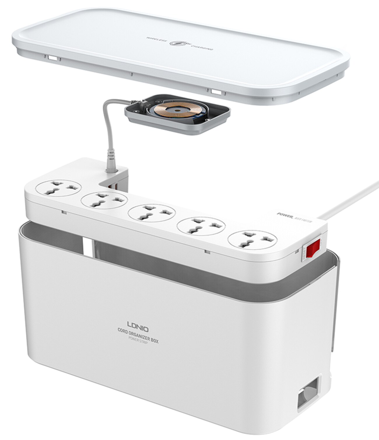 LDNIO Adapter with 5 International Outlets / 3 USB Ports / Cable Management Box / and Wireless Charger