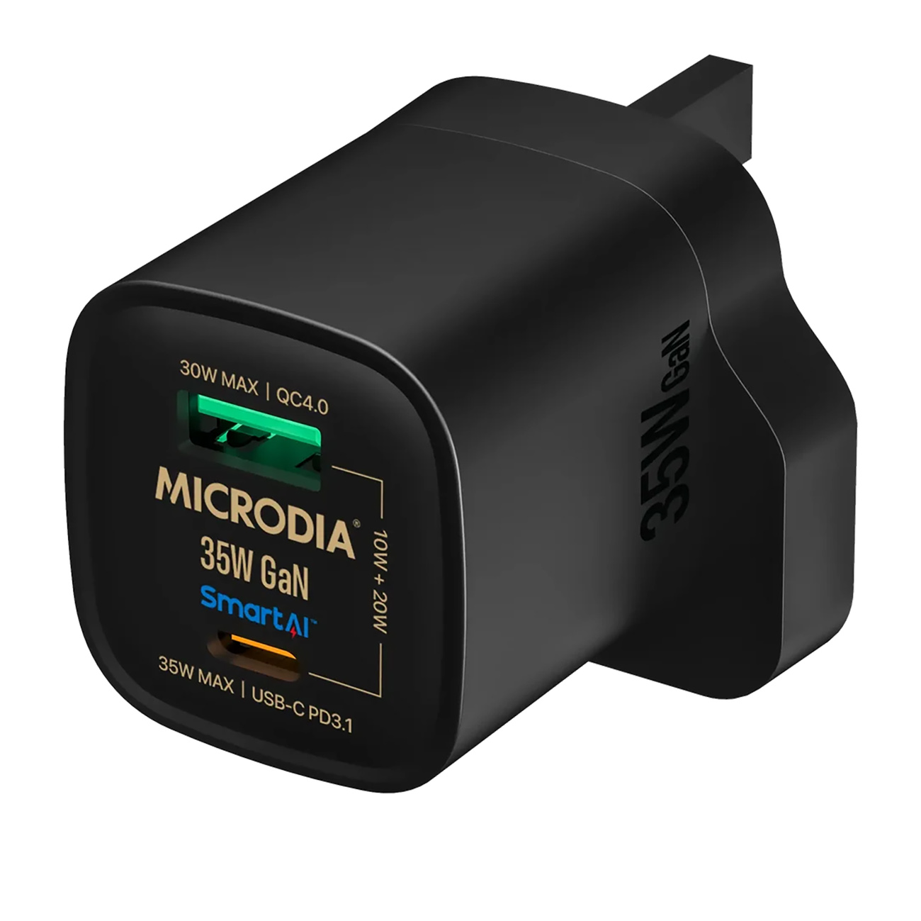 Microdia SmartCube Charger / 35W Power / With Type-C + USB Ports / Compact Size / Black