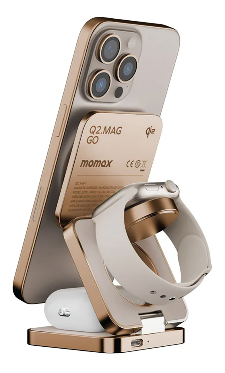 Momax Q2.Mag Stand & Charger / Charges Phone + Watch + AirPods / Supports MagSafe / Sandstone
