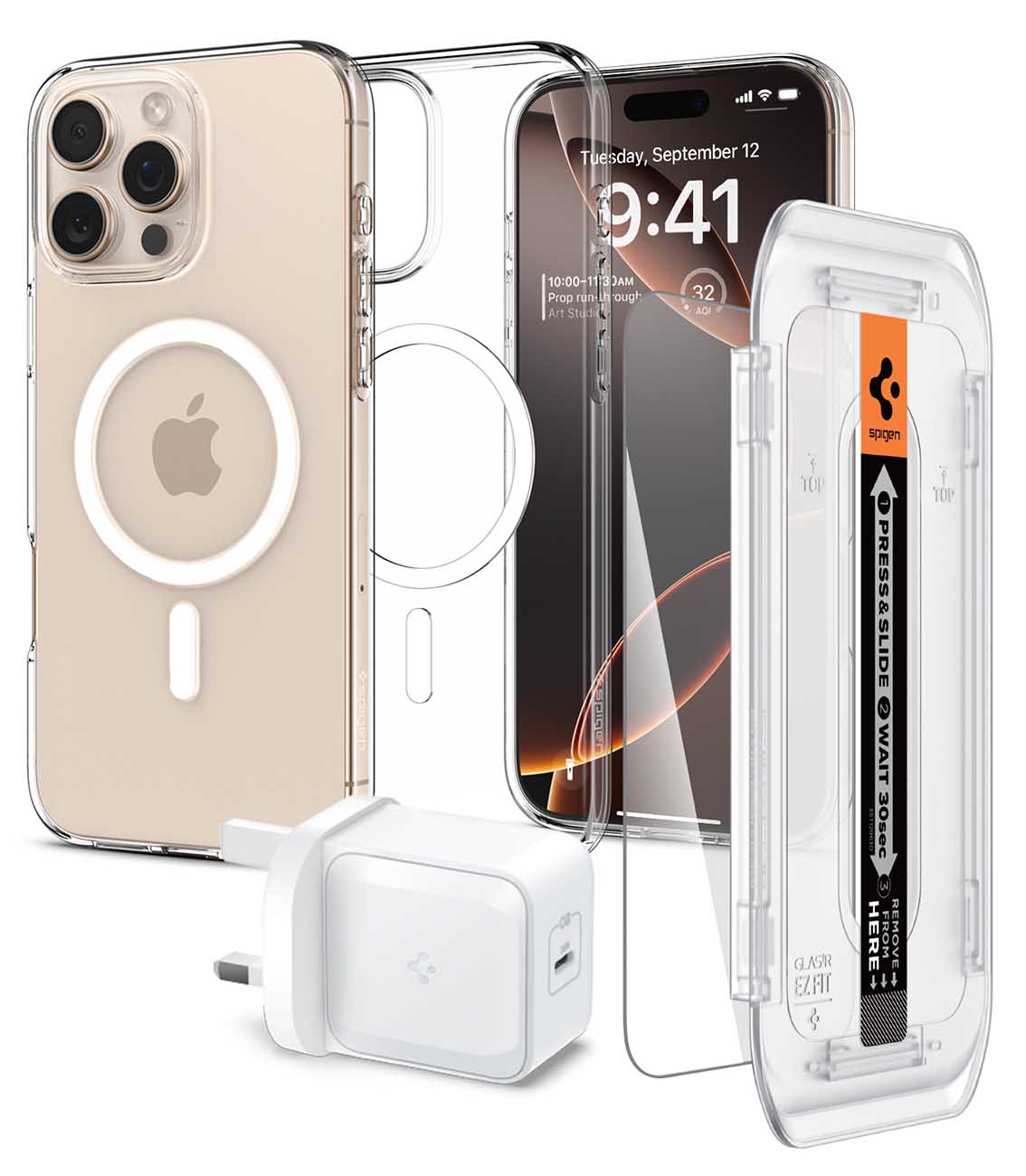 Spigen Bundle for iPhone 16 Pro / Clear Case + Screen Protector + Charger with Type-C Port