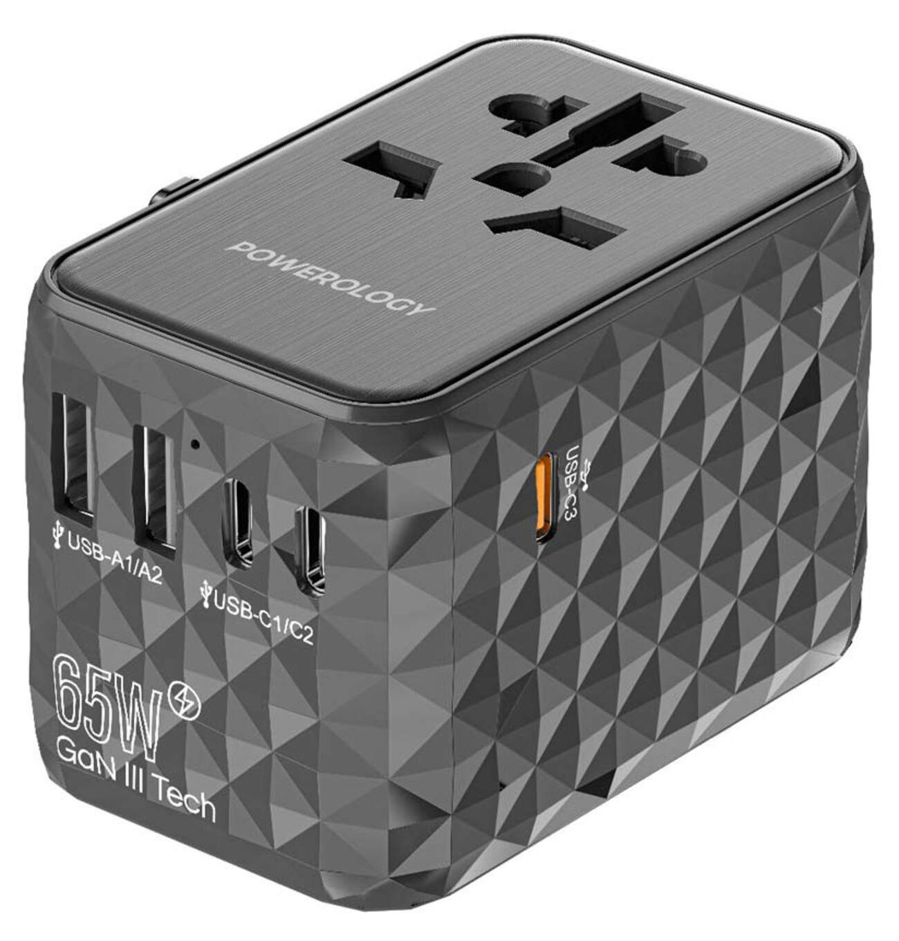 Powerology 65W Travel Charger / 2 USB Ports & 3 Type-C Ports / GaN Tech / International Travel Plugs