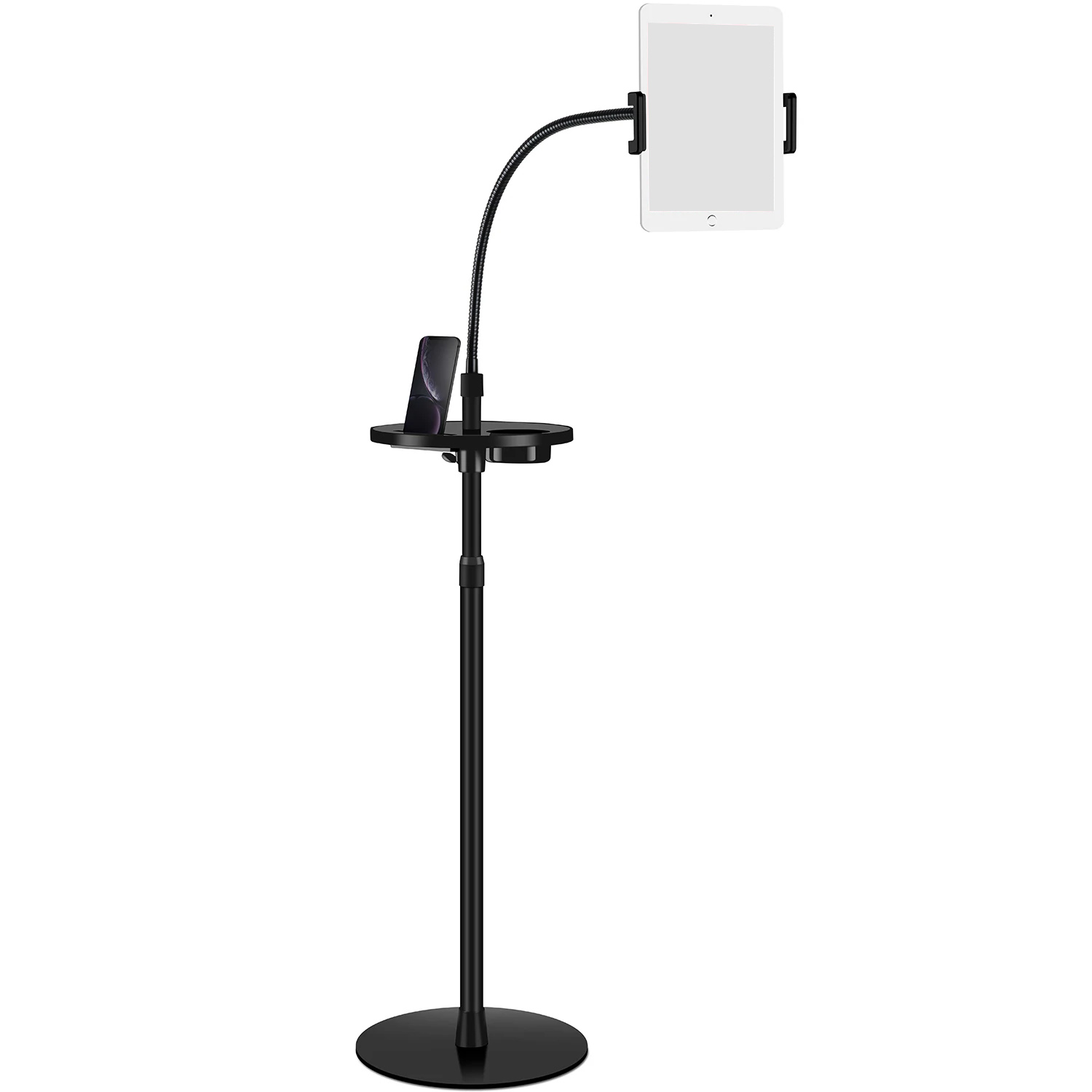 Tablet or Phone Floor Stand with Gooseneck Arm and Small Table / Black