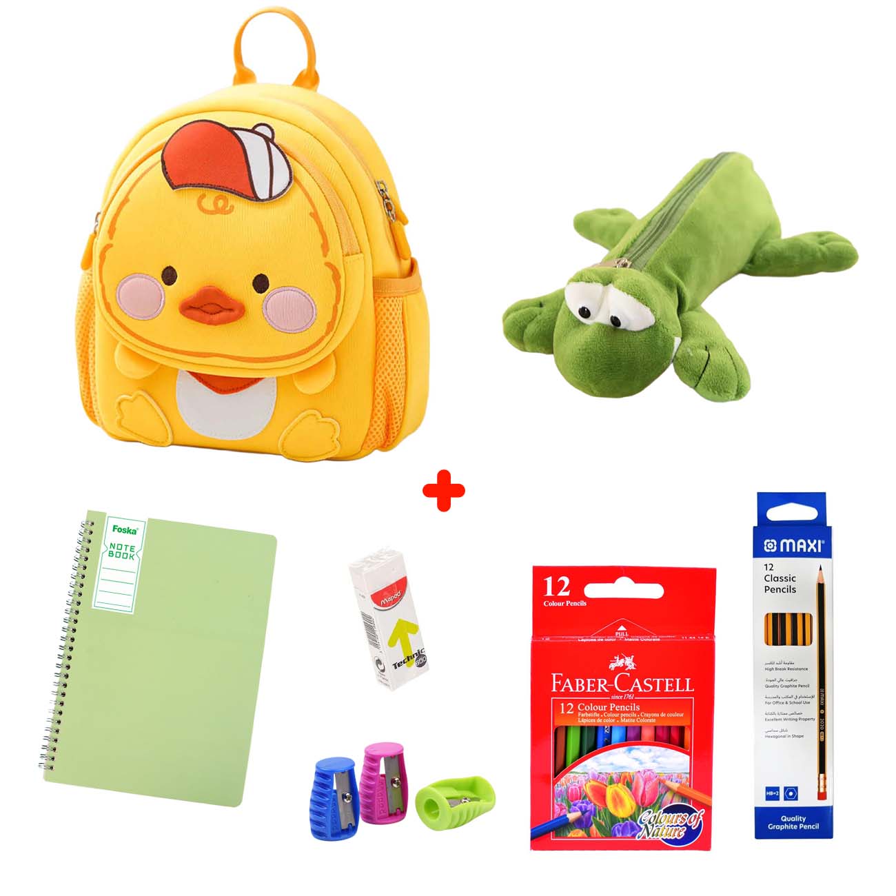 Bundle / Kids Chick Backpack + Frog Pencil Case + School Supplies