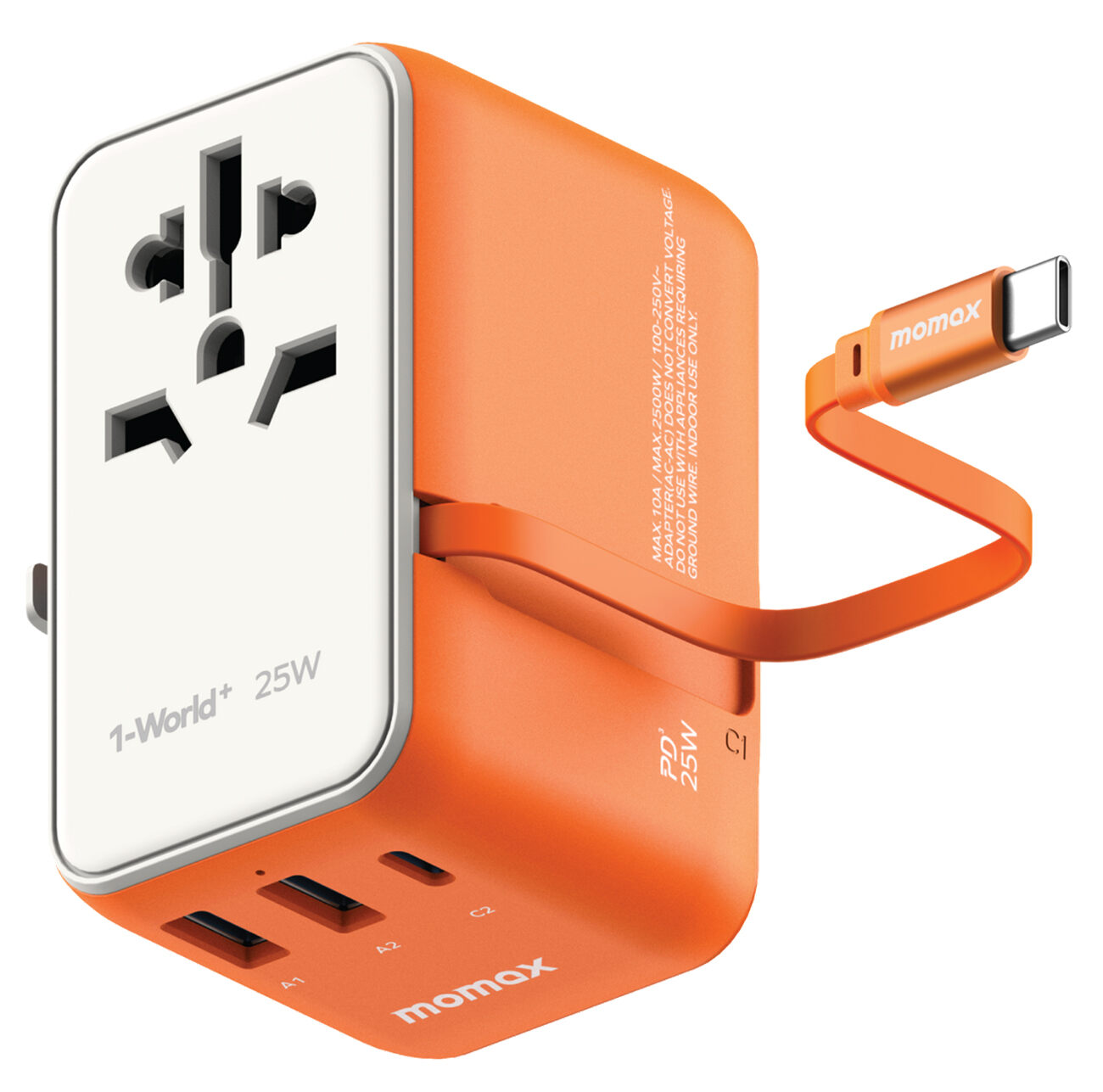 Momax World Charger / 1 Type-C + 2 USB Ports / 25 Watts / Built-in Type-C Cable / Orange