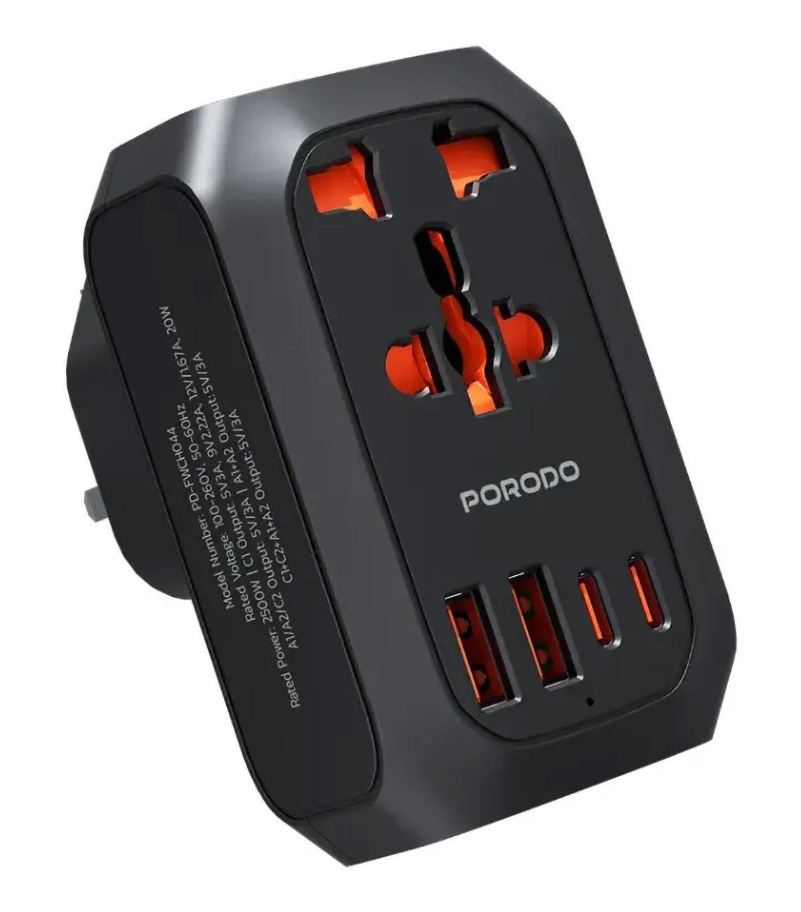 Porodo 2500W Charger / Built-in Universal Plug / 2 USB Ports & 2 Type-C Ports