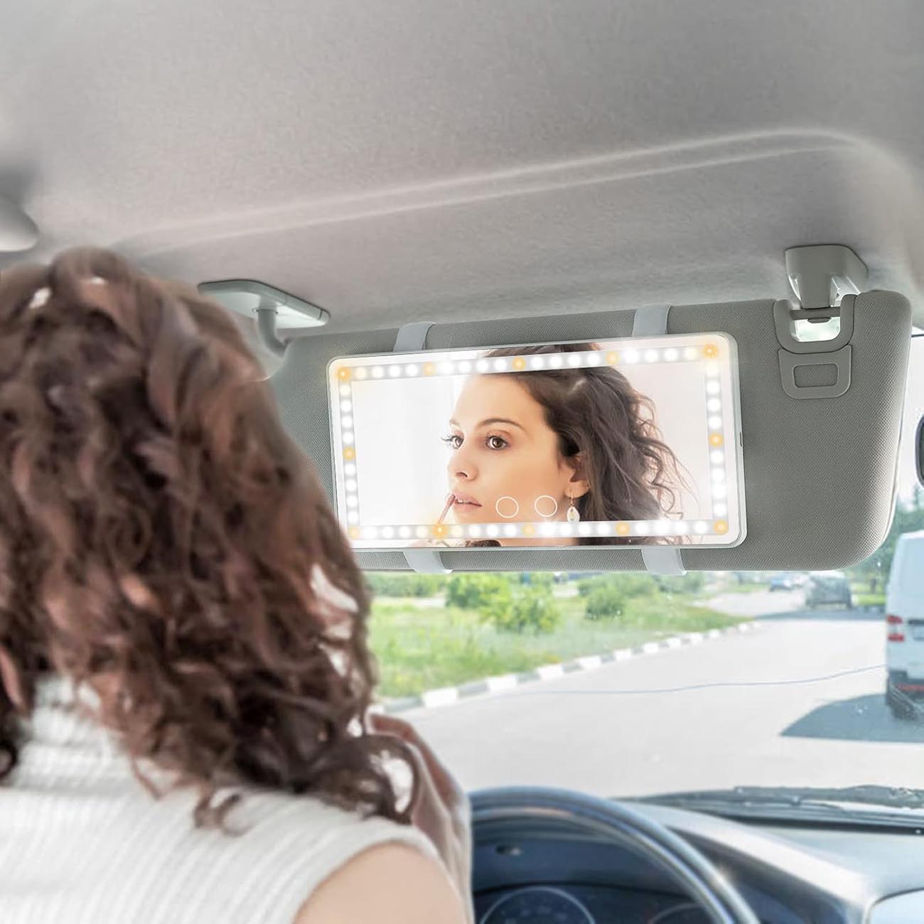 LED Car Makeup Mirror / With Strap Mount / 3 Brightness Levels / Battery Operated / White