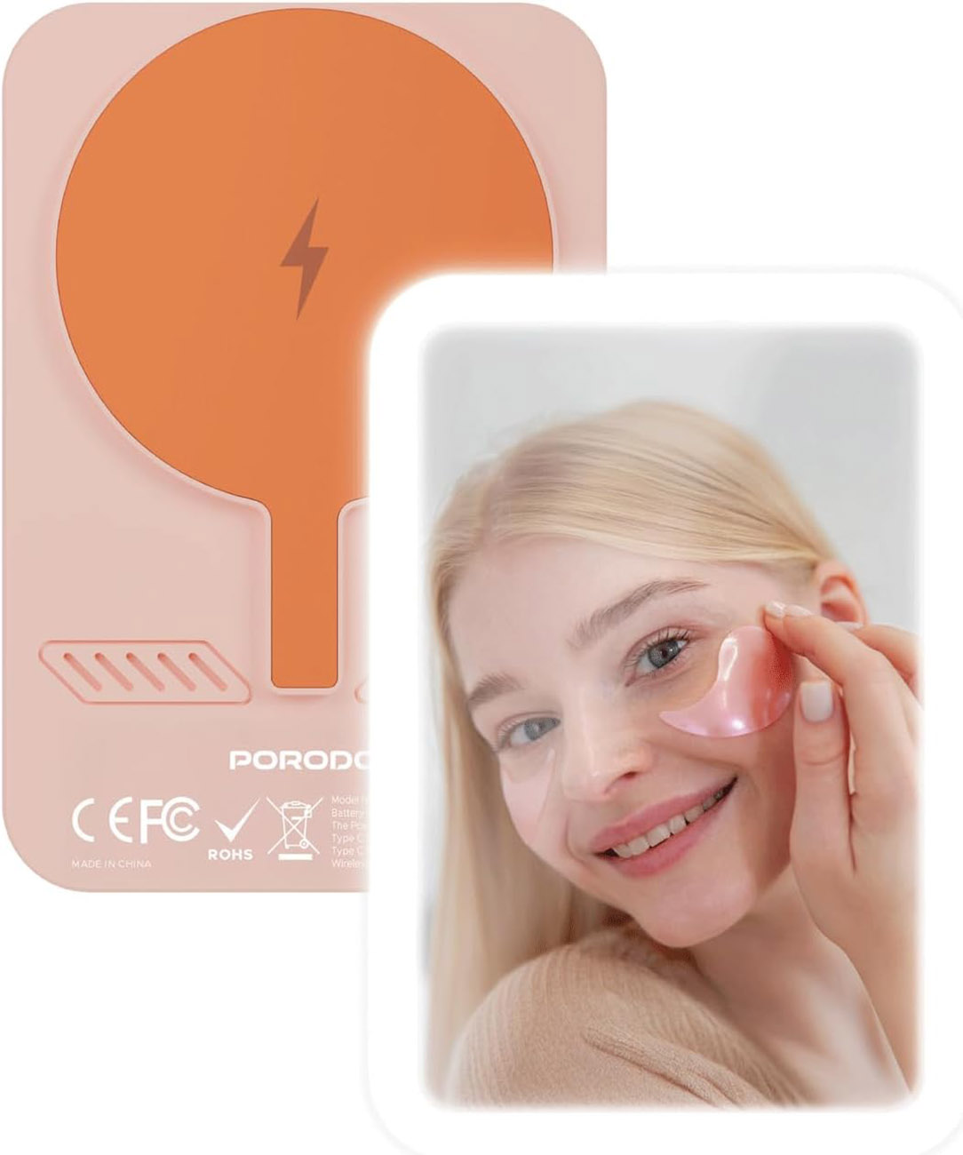 Porodo Magnetic Power Bank / 5000mAh Capacity / With LED Light + Built-In Mirror / Pink